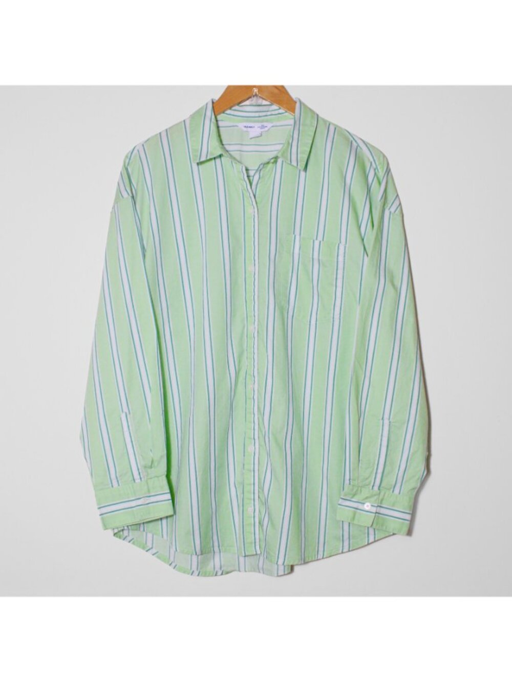 Old Navy Oversized Cotton Poplin Boyfriend Button Up Shirt Green Stripe Size M